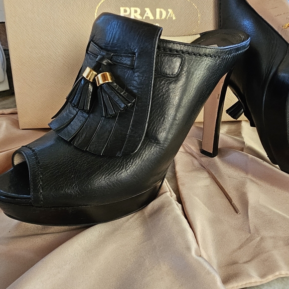 PRADA Black Peep Toe Platform Mules  Tassel Size 40 GORGEOUS 😍 Calzature Donna - Picture 10 of 14
